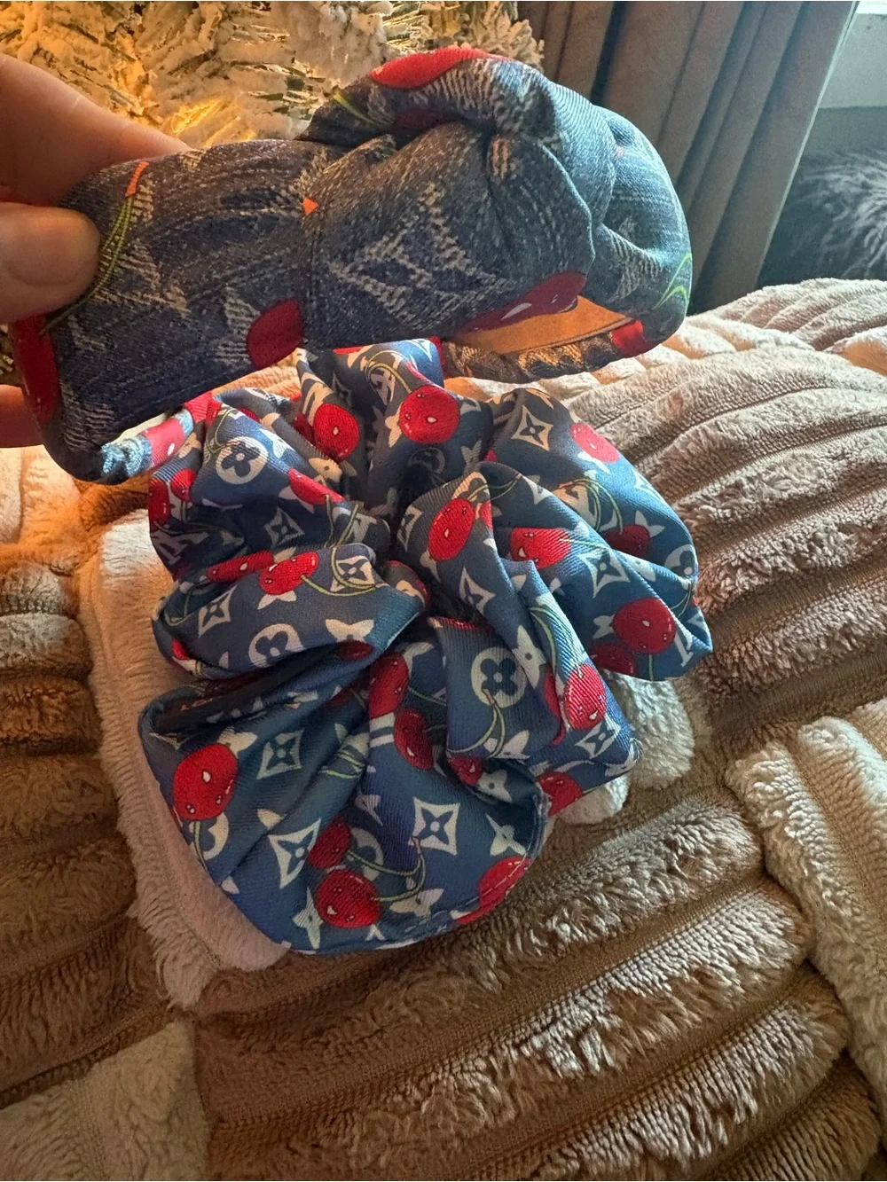 Fashion Blue Cherry Print Kids Headband & Scrunchie Set